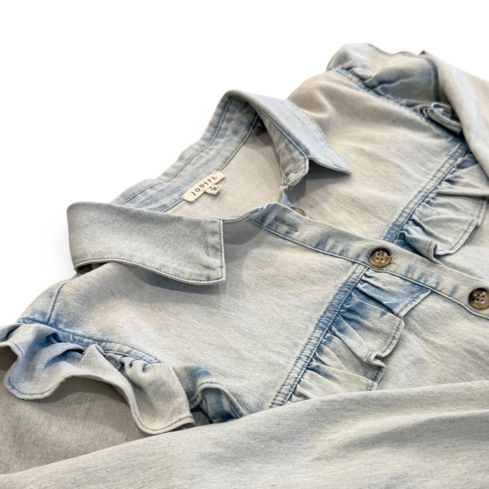 Jodifl Chambray‎ Ruffle Button Front Blouse Women Size S Denim Top